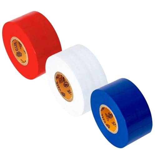 Image of GTSE Wide Red, White & Blue Electrical Tape, 3-Pack - Waterproof, Industrial Grade Vinyl, 2 in x 66ft- Strong Self-Adhesive PVC Electric Tape for Wire Insulation, 7 Mil, 600V - UL /CSA Listed