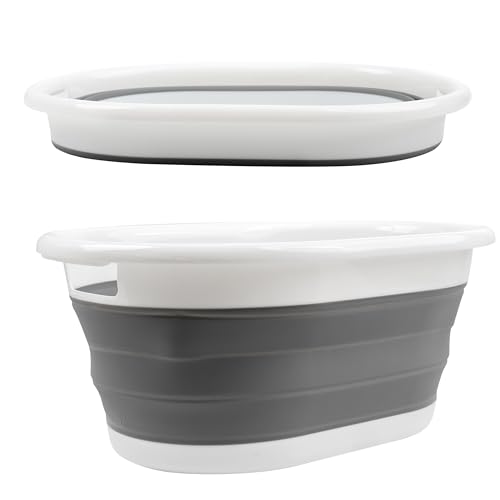 Crystals Collapsible Plastic Laundry Basket - Foldable Pop-Up Storage Container/Organizer - Portable Washing Tub - Space Saving Oval Basket Durable with Easy-Carry Handles, Hamper (Grey)