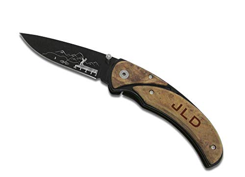 Birsppy Fisherman Gift Pocket Knife - Wood Handle or Rescue Knife, Laser Engraved with Personalized Text Large Wood