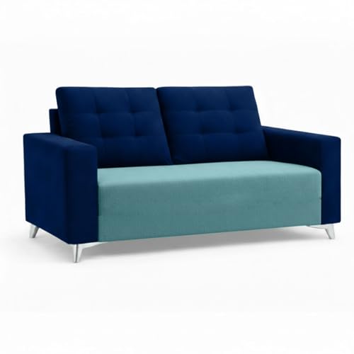 Image of Hakuna Dual Tone Plush Velvet 3 Seater + 2 Seater Sofa Set with 2 Ottoman | Silken Velvet Suede Upholstery | Designer Sofa for Living Room & Office Spaces (Dark Blue & Sky Blue)