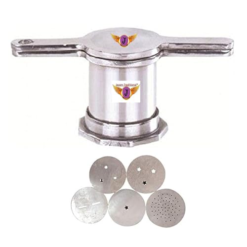 Image of Aluminium Sevanazhi /Sevai Nazhi /Sev Sancha /Gathiya Murukulu /Janthikulu Idiyappam Maker with Free 5 Different Jali /Silver /Small
