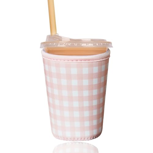 Image of Reusable Insulated Sleeve for Iced Coffee Cup, Coffee Neoprene Sleeve for Cold & Hot Drinks, Beverage Holder for Iced Coffee (Pink Gingham, Small: 16-18oz)