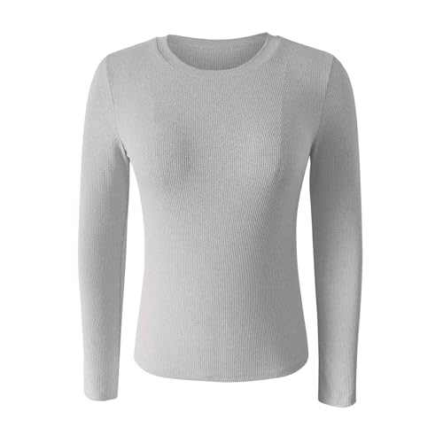 MESSIYO Long Sleeve Shirts for Women Ribbed Fitted Tops Grey - image 4