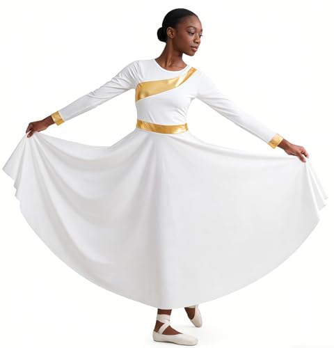 MOLLDAN Women Praise Dance Dress Long Sleeve Liturgical Church Worship Dress Breathable Lined258187-07-S White