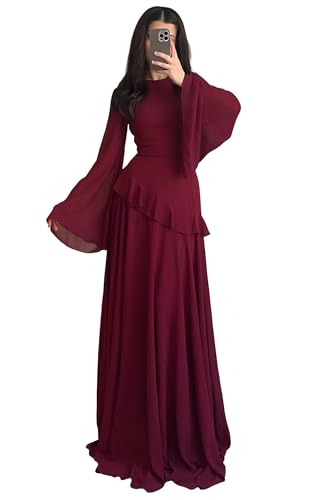 Canli4Y Vestido largo de mujer de manga larga con lazo en la espalda, elegante vestido largo, vestido de fiesta, vestido de noche para fiestas, festivos invitados de boda, borgoña, 3XL