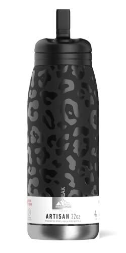 Hydrapeak Artisan 32Oz Insulated Water Bottles With Straw Lids | Leak-Proof And Vacuum Insulated, Double Walled Stainless Steel Water Bottles Featuring Chic And Stylish Designs (Black Leopard) #TOP2
