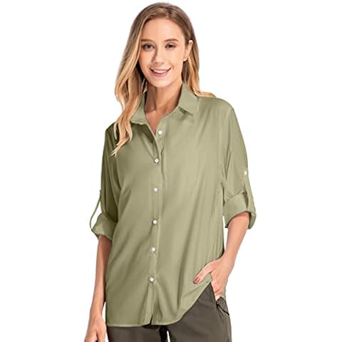 Jessie Kidden Women's UPF 50 Long Sleeve Sun Protection Shirts Quick Dry Outdoor Fishing Hiking Travel Shirt (5019 Khaki, X-Small) Cover
