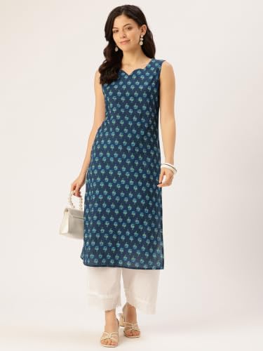 Image of feranoid Women's Pure Cotton Floral Print Straight Kurti | Elegant Curved V-Neck | Sleeveless Calf-Length Ethnic Wear | Comfortable Regular Fit | Sizes XS-XXL