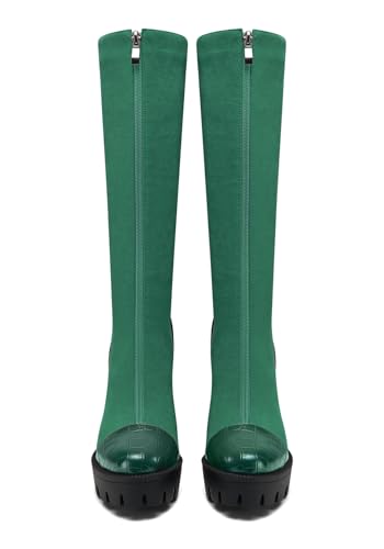 HDEUOLM Womens Chunky Block High Platform Heel Round Toe Mid Calf Knee High Boots Zipper Patchwork Dress Party Winter 4.7 Inches Heels4