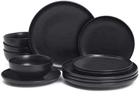 MioseeYa Dawn Dinnerware Set, 16 Piece Dinnerware Set, 4 Piece Plates and Bowl Set, Black Matte