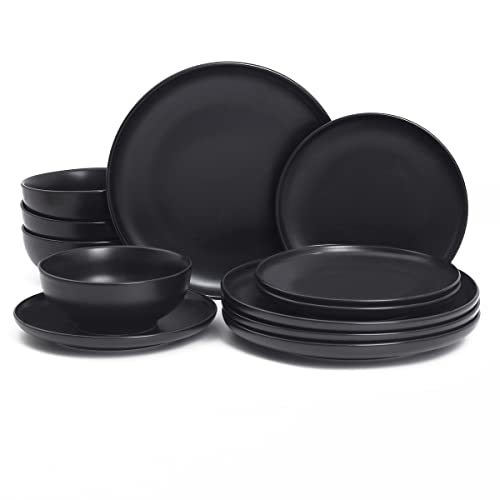 Mioseeya Dawn Dinnerware Set, 16 Piece Dinnerware Set, 4 Piece Plates And Bowl Set, Black Matte #TOP1