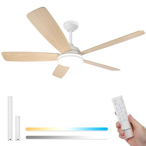 Aigostar Ventilador de Techo con Luz Silencioso 52″, Motor DC Reversible 30W, Mando a Distancia, 6 Velocidades, Luz Regulable (2700K-6500K), Ideal para Dormitorio, Sala o Cocina. Ø132 cm