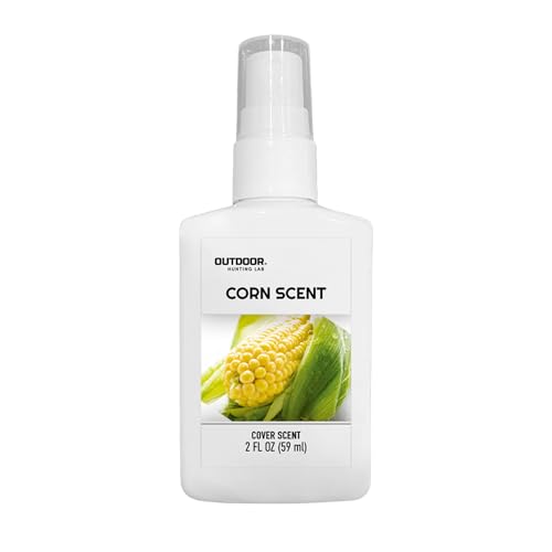 Small spray bottle of sweet corn scented deer cover scent, shown upright