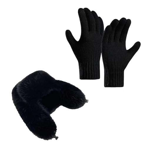 2 Pcs Winter Lei Feng Hat and Touchscreen Gloves, Plush Beanie & Knitted Gloves for Women Men, Suitable for Winter Cold Weather, Travel, Skiing
