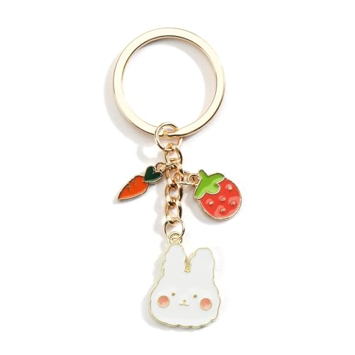 Porte-Clés Lapin Blanc Et Carotte Avec Fraises, Idée Cadeau Anniversaire Femme Et Couple, Petit Cadeau Amie, Porte Clés Personnalisé Voiture Et Maison