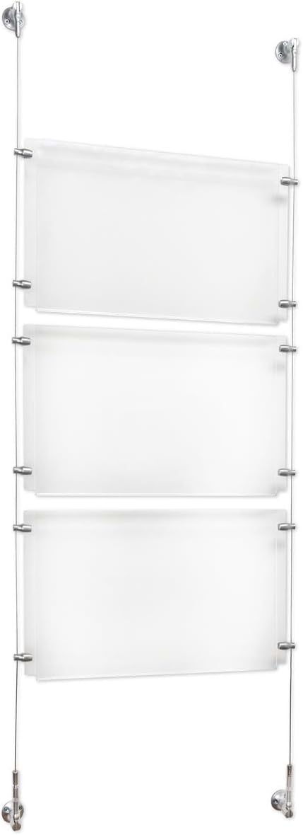 Displays2go Wall‑Mounted Cable Suspension Sign Display System with Three 11" x 17" Clear Acrylic Panels, Satin Silver Hardware – Landscape (CAB17111X3W)