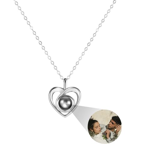 MMXX Collar de Proyección Personalizado con Imagen Adentro Foto Collar Personalizado Conmemorativo Oculto con Imagen Forma Redonda/de Corazón Te Amo Collar de 100 Idiomas para Mujeres (A1: Plata)
