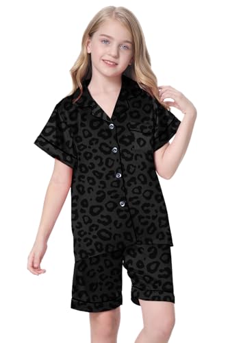 Image of Schbbbta Girls Womens Pajamas, Satin Silky Pjs Set Kids 2Pcs Button-Down Nightwear Sleepwear Gift for Mommy and me