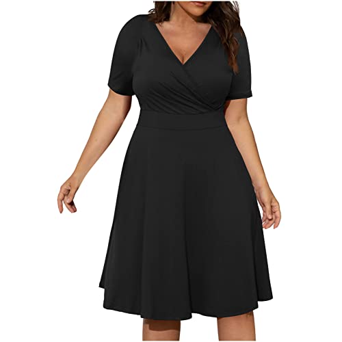 Vestidos de manga corta para mujer, ajuste holgado, vestidos de talla grande para mujer, cuello en V, lisos, vestidos de otoño y verano 2024, Z-619 Negro, XL