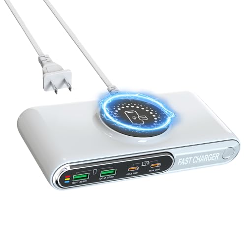 6-in-1 Magnetic Wireless Charging Station, 72W Desktop Charger with PD45W USB-C & QC3.0, 4-Ports Fast Charging Block with LED Color Night Light for iPhone, Samsung, iPad, Laptop, Tablets