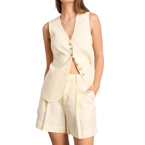 Conjunto de verano de lino casual de dos piezas con top de botones y pantalón corto