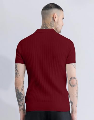 Image of Veirdo Men's Casual Ribbed Polo Collar Knit T-Shirt | Regular Fit Half Sleeve Polo for Men | Flat Knit Textured T-Shirt Perfect for Office, Party, Travel