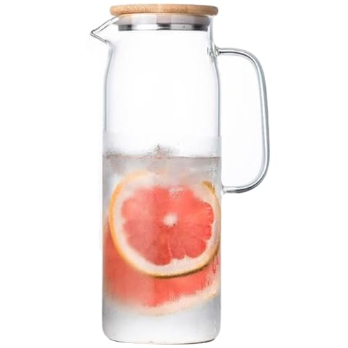 麦茶ポット 耐熱ガラス 1L/1.2L/1.5L 茶こし付き ガラスポット 水出しポット 冷水ポット ティーポット ガラス ティーサーバー ウォーターピッチャー (竹製の蓋, 1200ml)