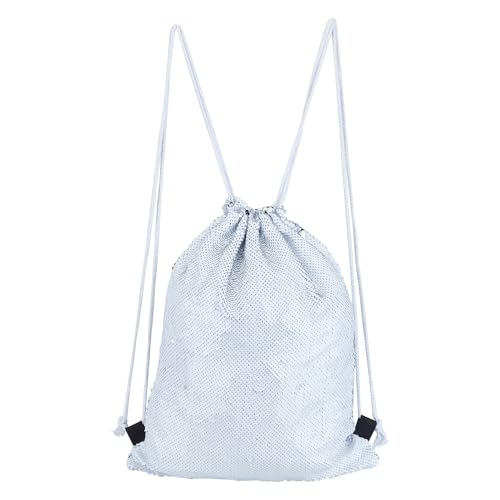 NICENEEDED Sequin Drawstring Backpack, Silver Glitter Sports Bag for Adults, Outdoor Gym Backpacks Shoulder Bags for Travel Shopping Sport Swimming Yoga