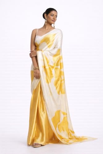 Image of Japan Satin Floral Print Saree for Women with Blouse Piece - Satin Finish Draped Saree