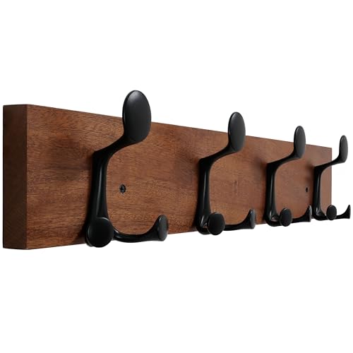 WEBI Coat Rack Wall Mount,24″ Solid Wood Coat Hooks Wall Mounted Coat Hanger,16″ Hole to Hole,Heavy Duty 4 Triple Hooks for Hanging Coats,Jacket,Hat,Backpack,Farmhouse,Reddish Brown
