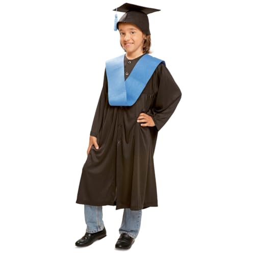 My Other Me - Disfraz Graduado Infantil Unisex, talla 7-9 años. Incluye birrete negro con borla, túnica negra de manga larga y beca azul cruzada. Ideal para pequeñas grandes celebraciones.