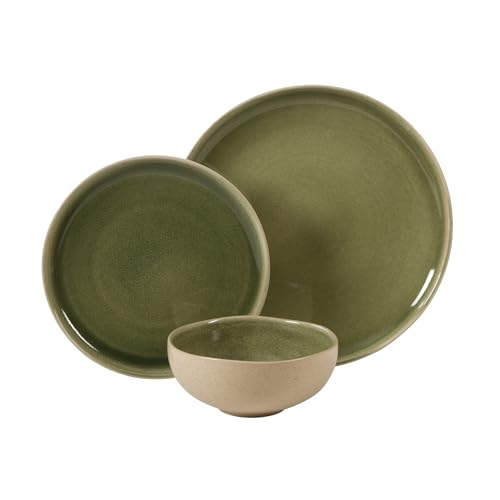 Image of Gibson Elite Manila Bay 12-Piece Stoneware Dinnerware Set, Service for 4, Reactive Glaze Modern Artisan Plates, Bowls & Mugs, Green, Round Design
