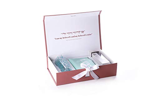 Chuppah Breaking Glass Mezuzah Kit-Jewish Wedding Engagement Gift-Keepsake with Cement Mezuzah Case, Color Glass Vessel, Pouch by Project Lev (White with Blue)