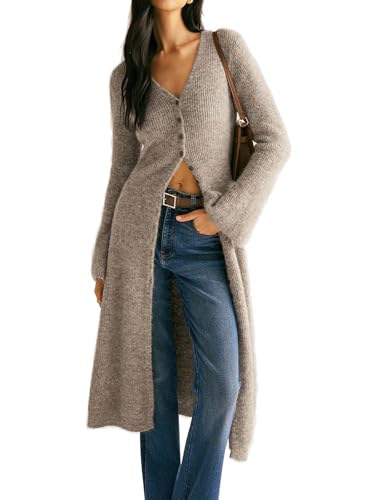 Womens V-Neck Button Maxi Cardigan Bell Long Sleeve Open Front Split Breasted Sweater Dress