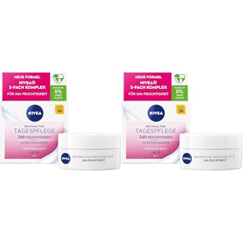 NIVEA Reichhaltige Tagespflege 24h Feuchtigkeit (50 ml), Gesichtscreme für trockene Haut mit LSF 30, feuchtigkeitsspendende Tagescreme mit natürlichem Mandelöl (Packung mit 2)