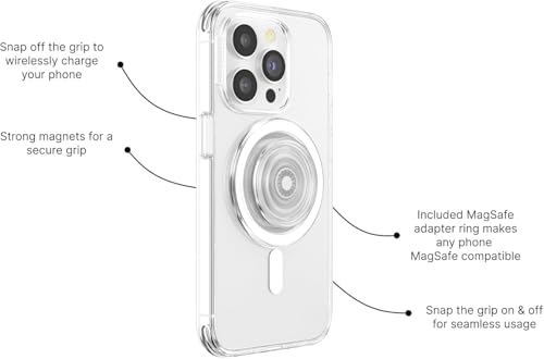 PopSockets Phone Grip Compatible with MagSafe, Adapter Ring for MagSafe Included, Phone Holder, Wireless Charging Compatible - Clear