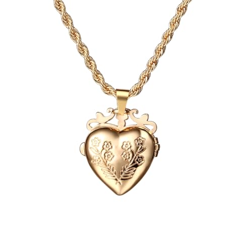 Médaillon cœur doré Flongo avec gravure florale, pendentif photo chic plaqué or
