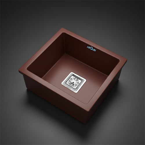 Image of ARQUIN Quartz Kitchen Sink 18x16x9 Inch Brown | Single Bowl Sink | Durable & Scratch-Resistant | Undermount /Topmount Including Coupling, Waste Pipe & Fruit Washing Basket