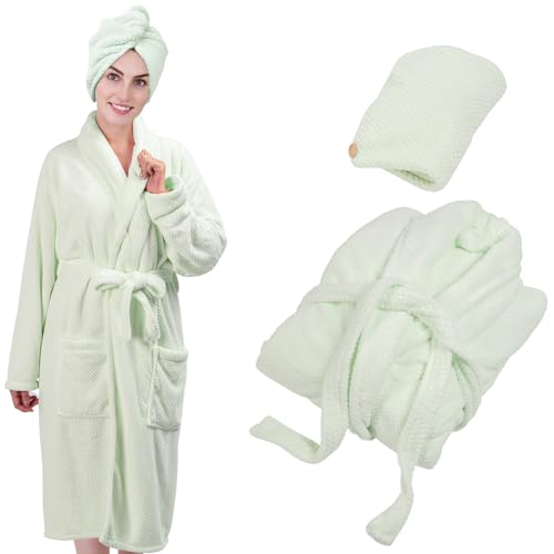 Women Microfiber Coral Fleece Full- Length Bathrobe with Hair Towel Wrap, Soft, Absorbent and Warm
