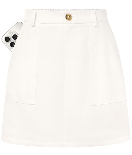 Kate Kasin White Mini Skirt Women High Waist A Line Linen Skorts with Pockets Trendy Casual Skirts with Shorts Underneath M