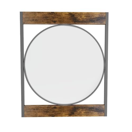 Artloge Decorative Wall Mirror Industrial: 24 Inch Round Silver Glass Vanity With Rustic Wood Edge And Black Rectangular Frame thumb #7