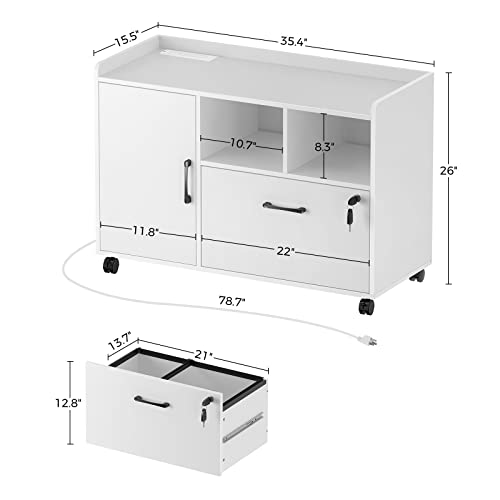 Rolanstar File Cabinet With Charging Station, Mobile Lateral Filing Cabinet With Locking Drawer, Printer Stand With Open Storage Shelf With Wheels, For Letter/Legal/A4 Size Files, White #TOP2