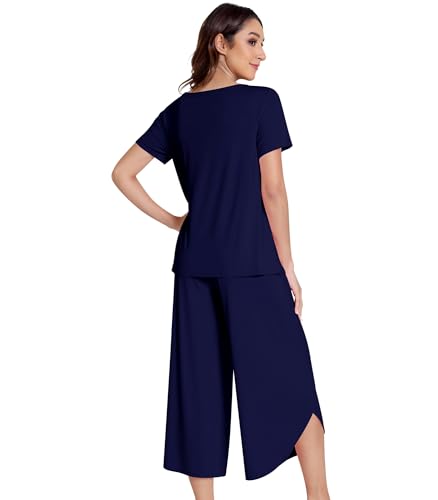 Image of NACHILA Pajamas Set for Women Short Sleeve Sleepwear with Capri Pants Cool Pjs Soft Loungewear,Viscose Made from Bamboo
