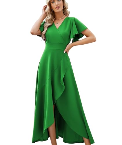 Amazon.com: Formal Dresses for Women,Gowns Evening Party Cocktail Dress,Long  Split Elegant V Neck Wrap Ruffle Wedding Guest A-line Dresses Apple Green-S  : Clothing, Shoes & Jewelry