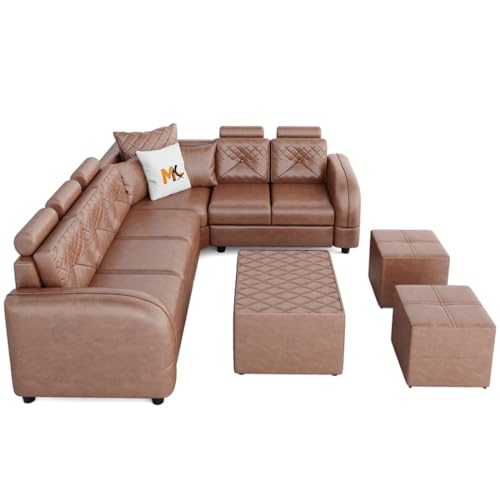 Image of FURNY Desiroy 8 Seater Leatherette Sectional Corner Modular L Shape Sofa Set with 1 Centre Table & 2 Puffy (Brown)