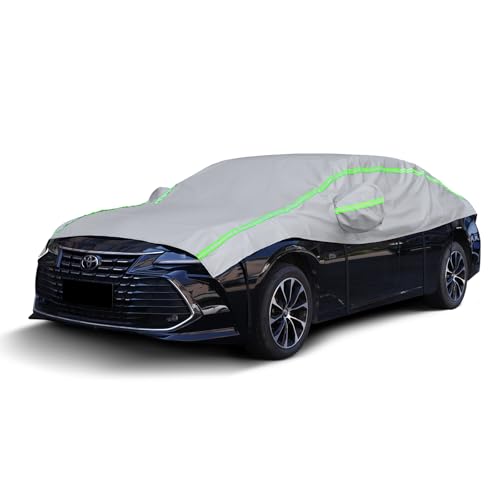 Half Car Cover Sedan with Green Reflective Strip Hail Protector Car Cover with Cotton Liner Sunroof & Windshield Cover for Ice and Snow All Weather Car Body Cover for Sun Rain Dust