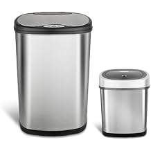 Ninestars 2-Piece Automatic Trash Can Combo Set, 13 Gal 50L & 3 Gal 12L Touchless Motion Sensor Garbage Cans with Odor-Sealing Lids, Oval Silver Stainless Steel, Black Lid
