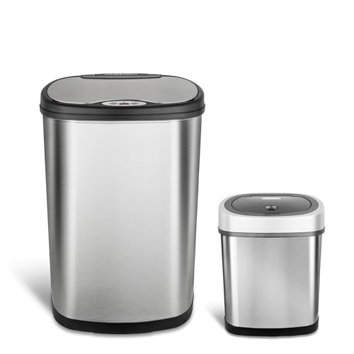 Ninestars 2-Piece Automatic Trash Can Combo Set, 13 Gal (50L) & 3 Gal (12L) Touchless Motion Sensor Garbage Cans with Odor-Sealing Lids, Oval Silver Stainless Steel, Black Lid
