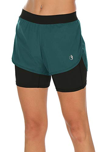 icyzone Workout Running Shorts with Pockets - Women's Gym Exercise Athletic Yoga Shorts 2-in-1 (M, Peacock Green)