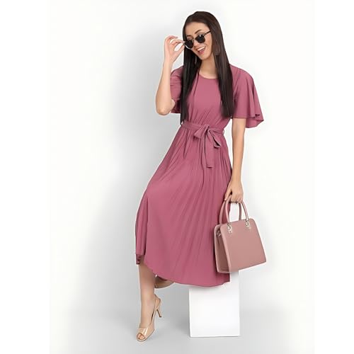 Image of KUDUZO Women's Crepe Long Pleated Below Knee Length Flutter Sleeve Round Neck S to XL Maxi Dress for Girls. (EG-U0IM-B9A1)